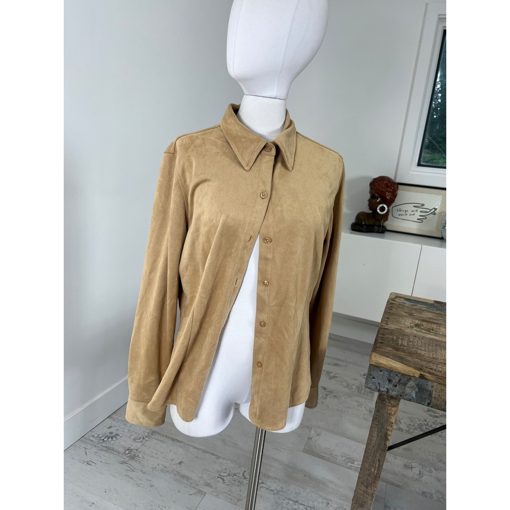 New York & Company Faux Suede Button Down Shirt Camel Tan Large L Long Sleeve